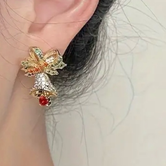 🌼 Christmas Bell Stud Gold Plated Multicolor Rhinestones Inlaid Earrings - Picture 3 of 4